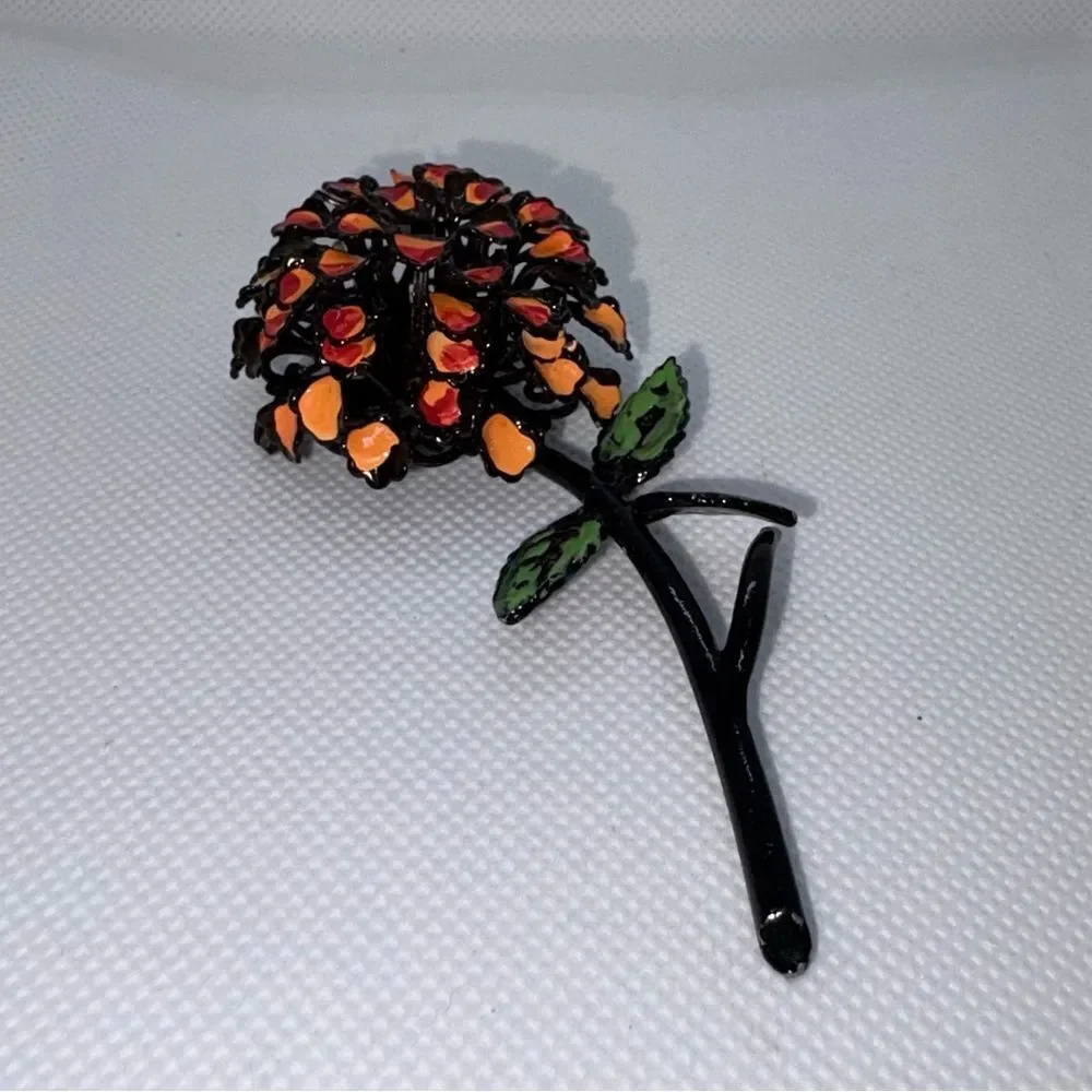 Vintage MCM Flower Power Orange Dahlia Enamel Painted Pot Metal Brooch Pin